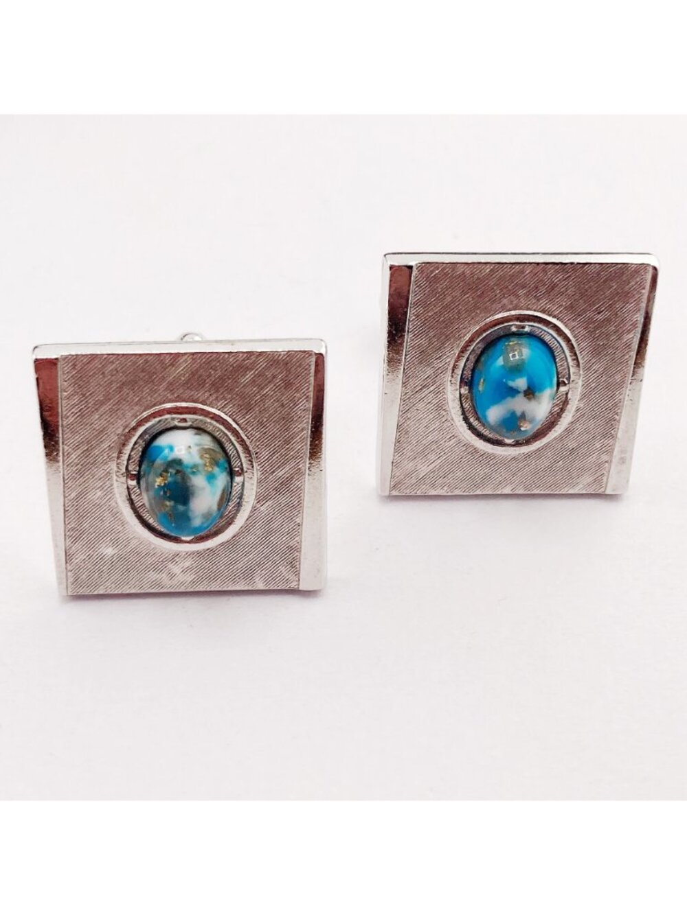 ANSON Vintage gold flecked turquoise lucite silver tone metal square cuff links - Picture 3 of 10